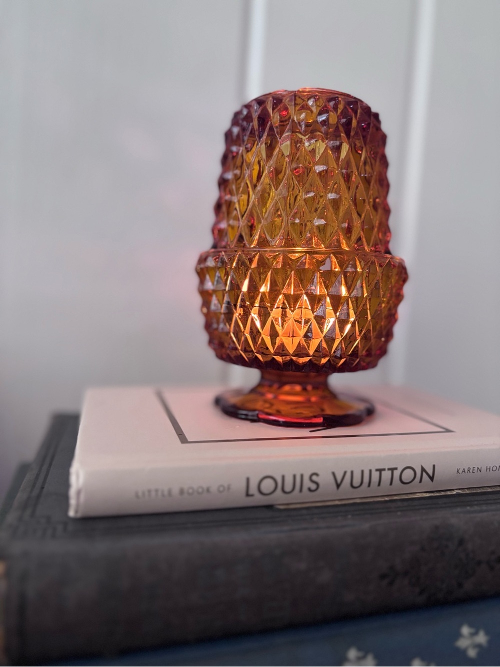1970s Vintage Indiana Glass Amber Diamond-Cut Pedestal Vase
